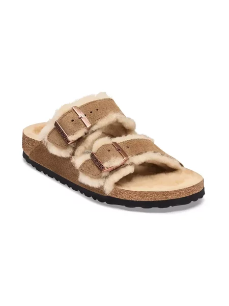 Birkenstock klapki zamszowe Arizona Shearling Suede Leather brązowe