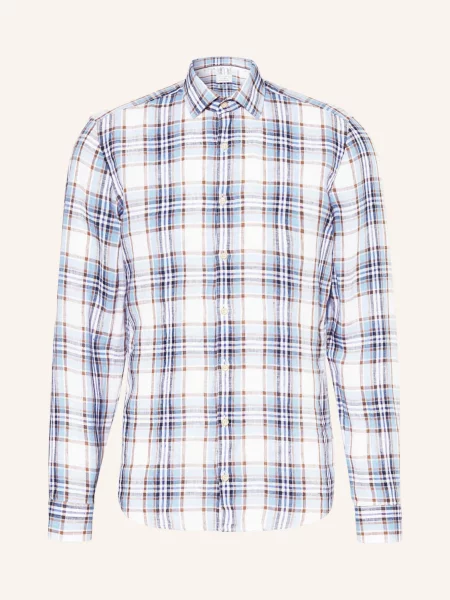 Olymp Lněná Košile Level Five Body Fit tmavě modrá/ bílá/ hnědá bílá