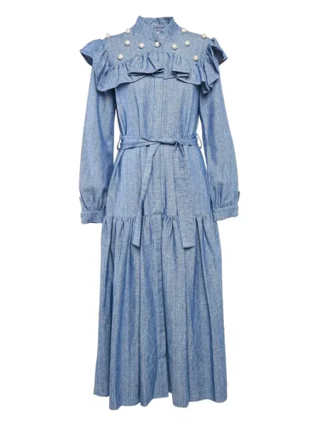 Maksi sukienka maxi Poca & Poca z perełkami garniturowa niebieska