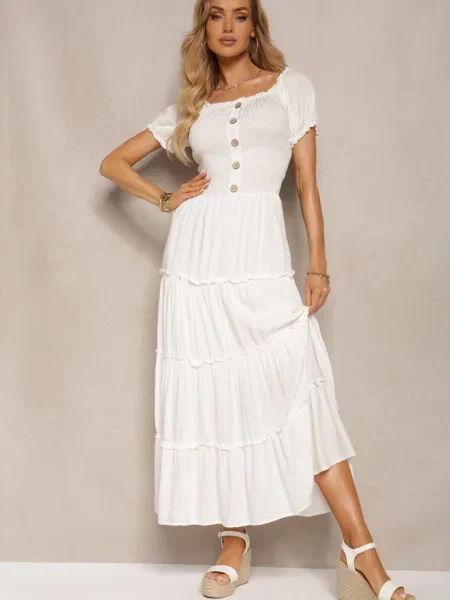 Rochie Maxi Cloș cu Decolteu Bardot Kailra albă