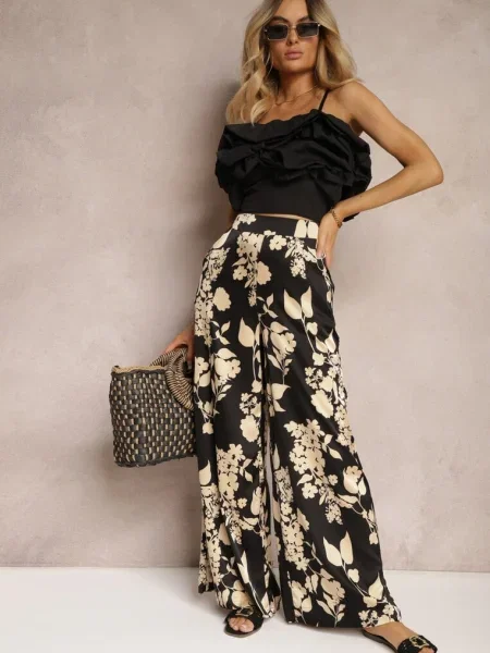 Pantaloni largi Palazzo Negru-Bej cu în Talie și Talie Înaltă Dimianna negru