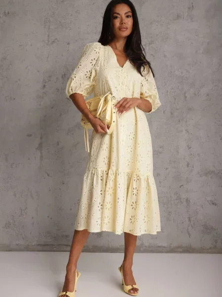 Rochie cu din cu model floral ajurat Bamese galbenă