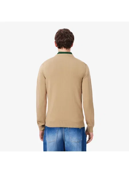 Lacoste Jednokolorowy Sweter Z Okrągłym Dekoltem Brązowy beżowy