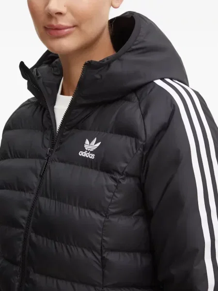 Geacă cu puf Adidas cu dungi cu glugă negru