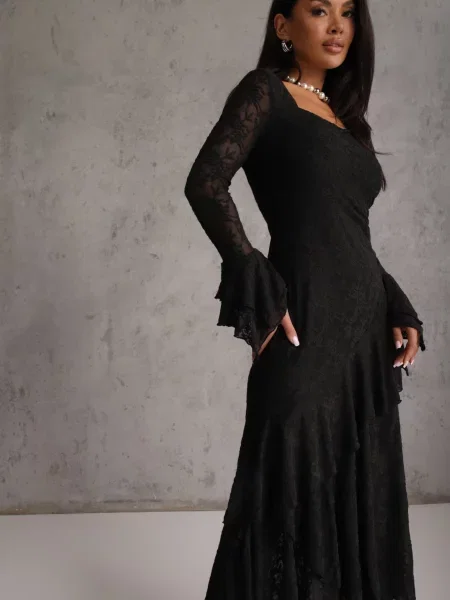 Rochie elegantă din dantelă decorată cu volane asimetrice Unassemia neagră