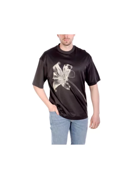 Lniana koszulka Emporio Armani z nadrukiem czarna
