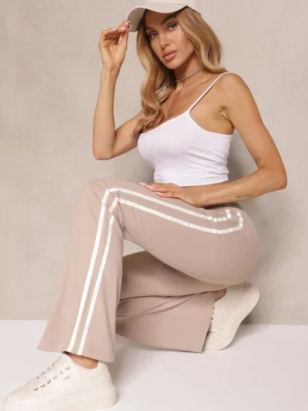 Legginsy Flare High Waist z Marszczeniem i Lampasami Kirsena beżowe