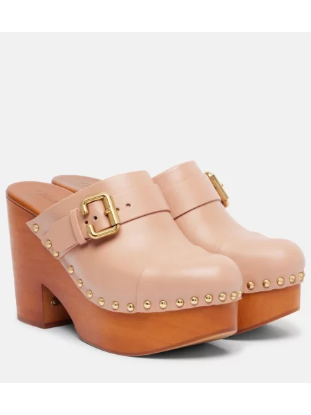 Saboți Chloé din piele cu tepi roz