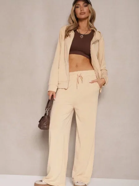 Luźny Komplet Dresowy Szerokie Spodnie i Bluza z Kapturem Gossame beżowy