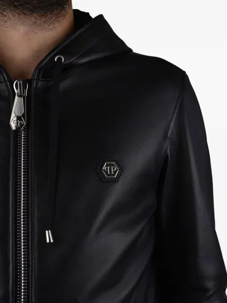 Кожено яке Philipp Plein с качулка с автограф черно