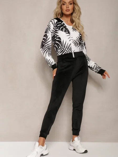 Welurowy Komplet Dresowy z Wzorzystą Bluzą z Kapturem i Joggerami Rouviana czarny