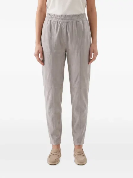 Pantaloni Brunello Cucinelli din piele de căprioară conici gri