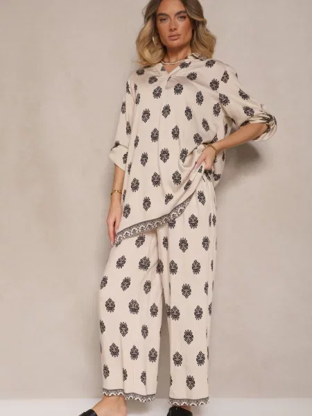 Jasnobeżowy Komplet z Wiskozą Oversize Koszula i Spodnie Zdobione Etnicznym Printem Janea beżowa