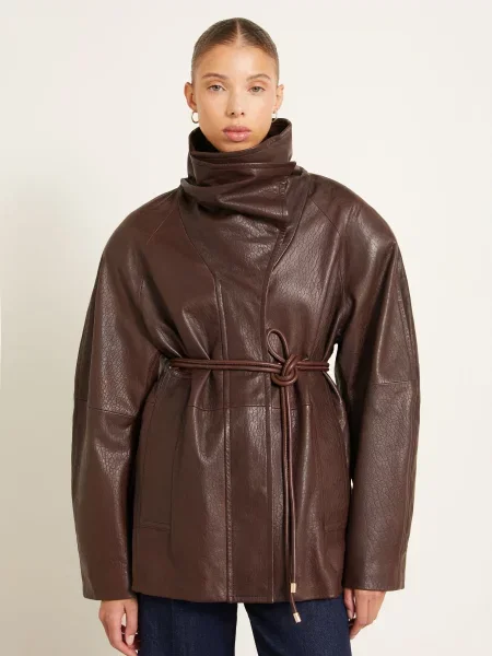 Sportmax Kožená Bunda Alaggio tmavě hnědá