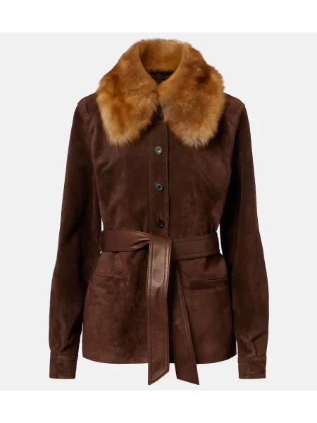 Cu centură geacă Saint Laurent din piele de căprioară maro