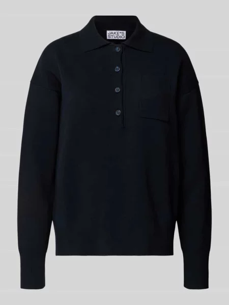 Sweter z dzianiny z kołnierzykiem polo i kieszenią na piersi Jake*s Studio Woman granatowy