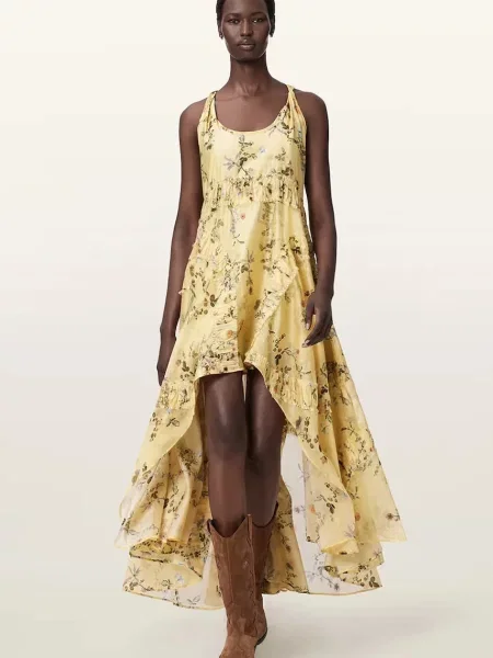 AllSaints rochie asimetrică cu lyocell DORINA galben