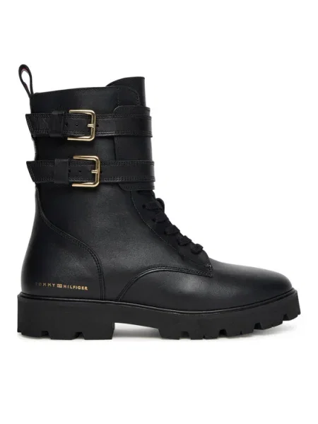 Кожени боти Tommy Hilfiger TH LTHR BIKER LACEUP с равна подметка черно