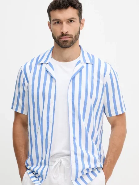 Риза с лен Lindbergh тъмносиньо със стандартна кройка с класическа яка синьо