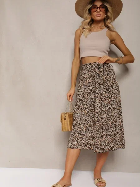 Negru-Bej Pliat Pantaloni Suede High Waist cu Centură din și în Talie Isefia negru