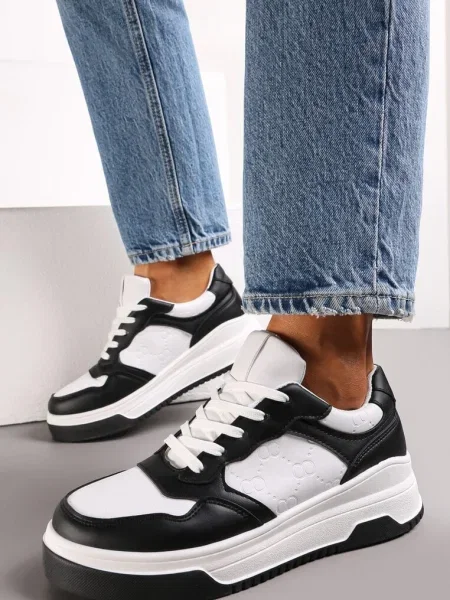 Sneakerși Alb-Negru cu Șireturi pe Talpă Groasă Ainne alb