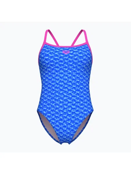 Дамски бански костюм от една част arena Monogram Challenge back blue river multi/shocking pink синьо