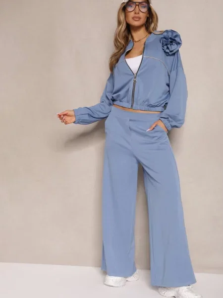 Komplet Dresowy z Wiskozą Spodnie o Szerokim Kroju i Bluza z Broszką Redaella niebieski