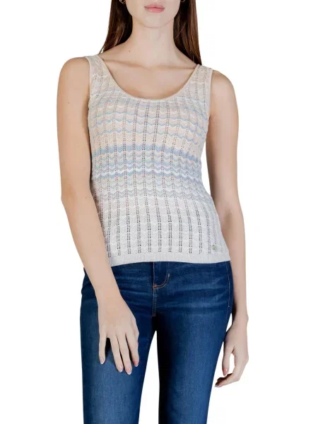 Dzianinowa bluzka Guess bez rękawów z okrągłym dekoltem beżowa