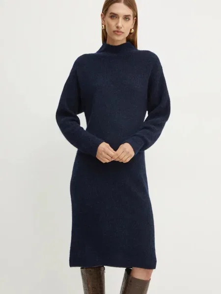 Boss Orange rochie din lana marin mini drept albastru