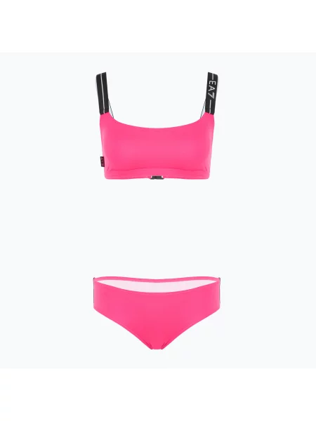 Costum de baie din două piese pentru femei Emporio Armani Logo Tape Bikini Top neon pink roz