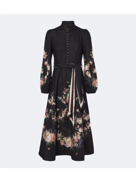 Cu centură rochie midi Zimmermann de in cu model floral negru