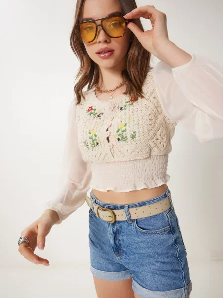 Happiness İstanbul Bluză crem / galben / verde roșu