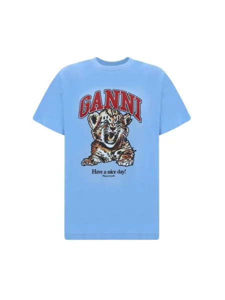 T-shirt basic Ganni w tygrysie prążki z dżerseju z dekoltem w kształcie litery U niebieski