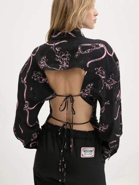 Риза Moschino Jeans дамска със свободна кройка с класическа яка черно