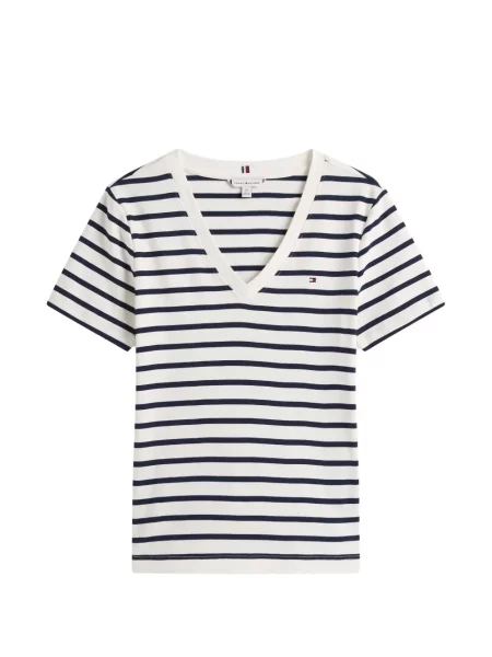 Tricou Tommy Hilfiger cu dungi cu decolteu în V alb