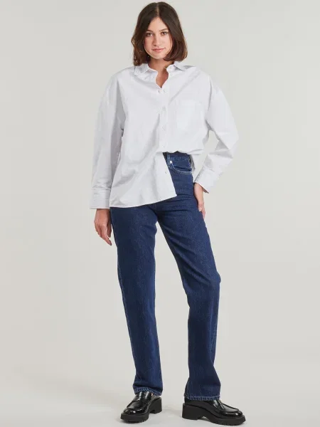 Blugi drepți Calvin Klein Jeans cu talie înaltă albastru