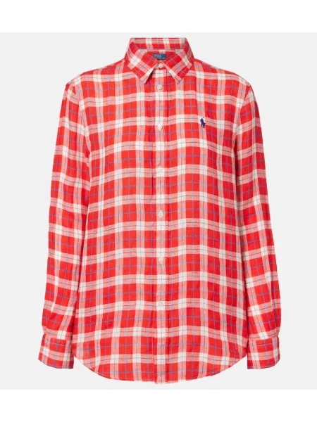 Lanena srajca Polo Ralph Lauren s karirastim vzorcem rdeča