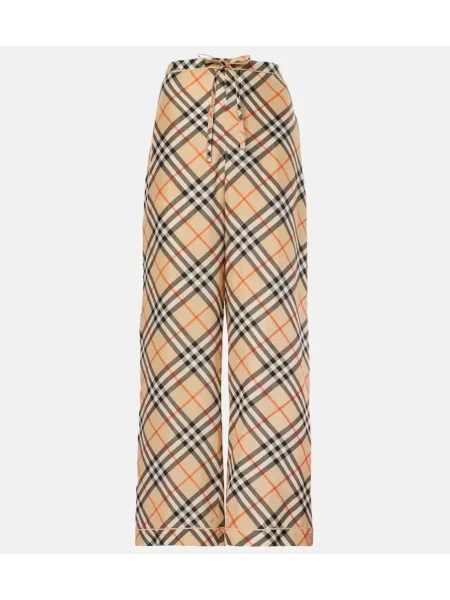 Svilen kariraste hlače Burberry s karirastim vzorcem bež