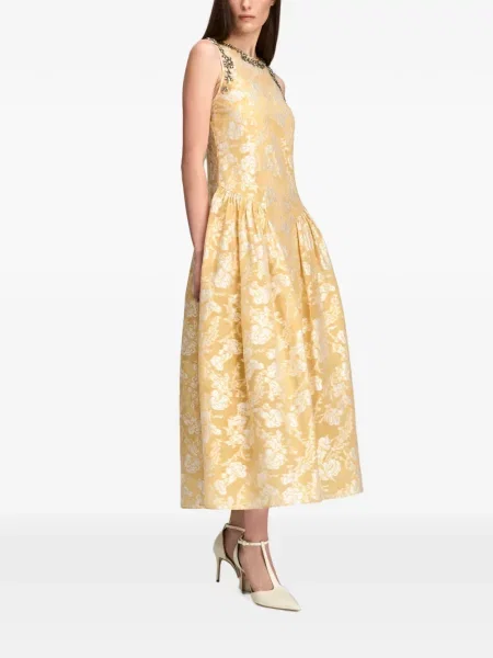 Rochie midi Cinq A Sept cu model floral din jacard galben