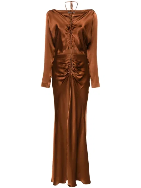 Satynowa sukienka midi Alberta Ferretti do kolan garniturowa brązowa