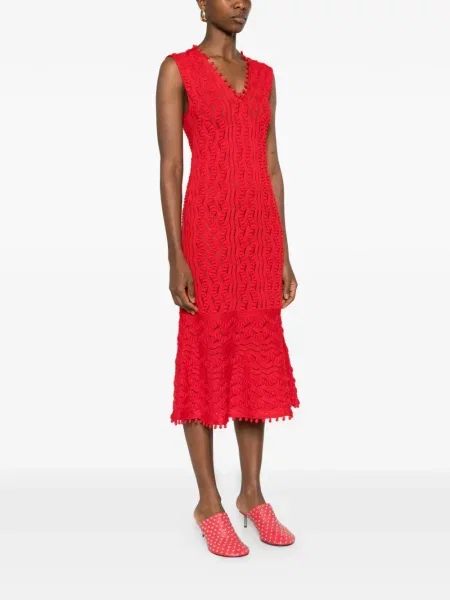 Sukienka midi Jil Sander z dekoltem w serek z pomponem czerwona