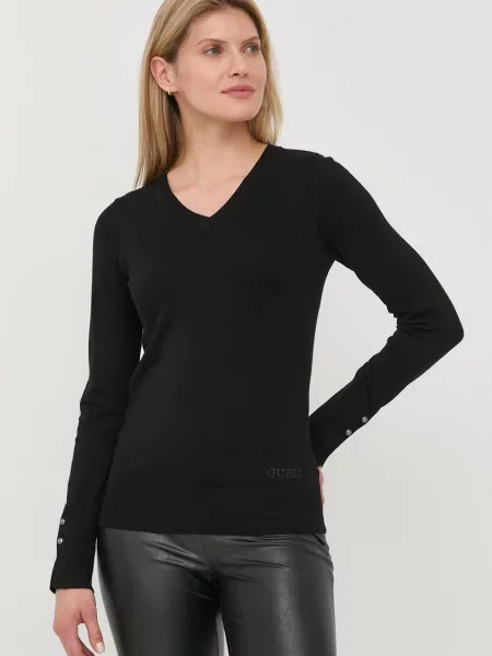 Haftowany sweter z dekoltem w serek Guess z dekoltem w serek czarny