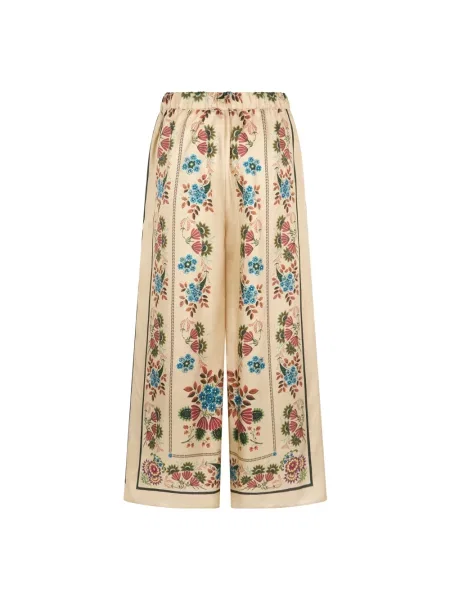 Lniane spodnie Weekend Max Mara z nadrukiem beżowe