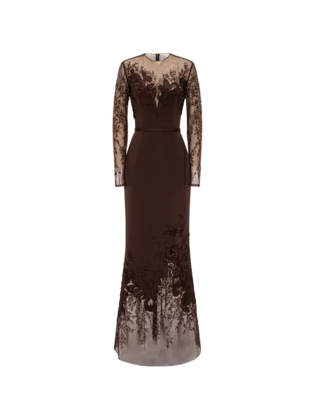 Rochie maxi Rami Al Ali cu model floral cu aplicații maro