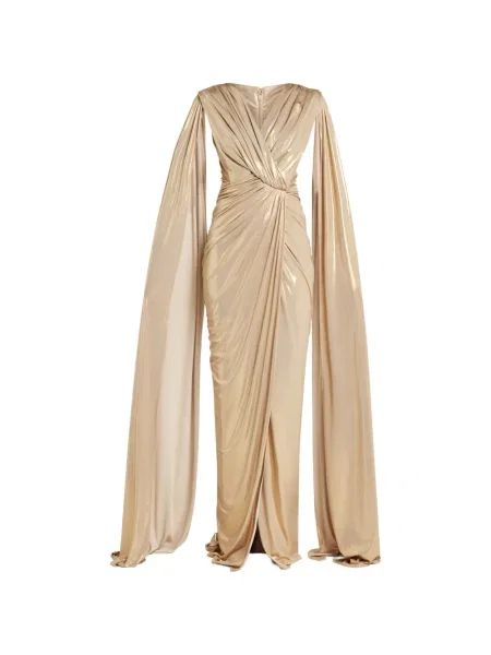 Rochie Rhea Costa drapată de costum auriu
