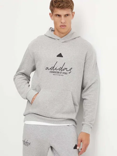 Суичър с качулка Adidas с качулка с принт сиво