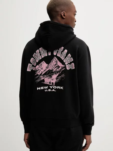 Dukserica Tommy Jeans s kapuljačom s tiskom crna