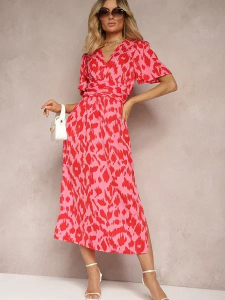 Rochie Roșu-Roz cu Decolteu în V și Decupaje Decorative cu în Talie și Bonlea roșu