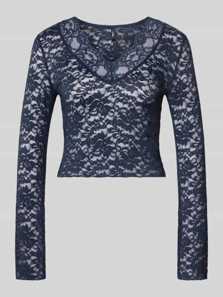 Bluzka z długim rękawem o kroju slim fit w koronkowej siateczce model NIKKA' Only granatowa