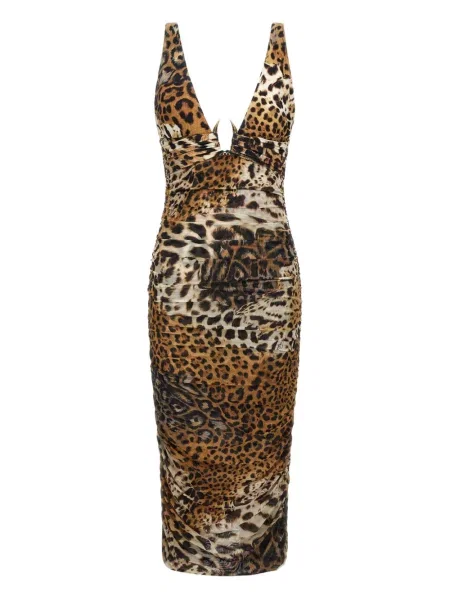 Rochie midi Roberto Cavalli cu imagine cu model leopard până la genunchi maro